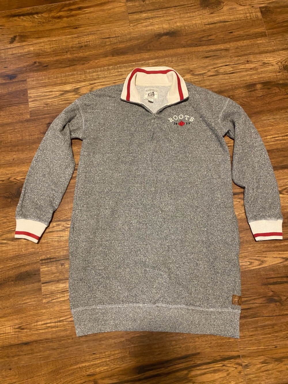 Roots Gray Zip-Up Sweater Dress with Red Trim